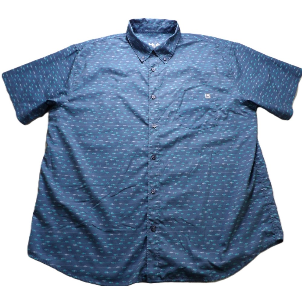 Huk Fishing Shirt Men XXL Blue Marlin Short Sleeves Button Down Fish Graphic AOP